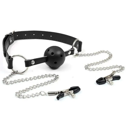 Erotic Toy PU Leather Mouth Gag Ball Oral Sex With Chain Clip Breast Nipple Clamps Bondage Harness Sex Toys Adult Games