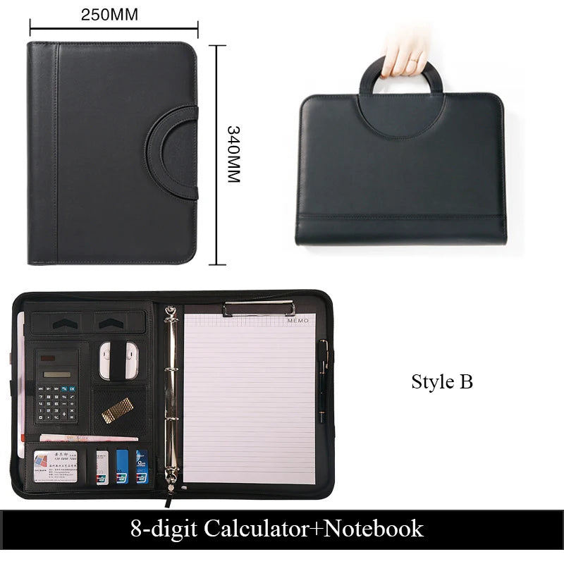 PU leather A4 zipper calculator binder conference file pad folder briefcase tablet portable circular handle file bag