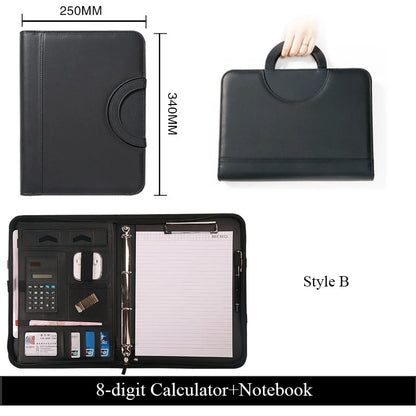 PU leather A4 zipper calculator binder conference file pad folder briefcase tablet portable circular handle file bag