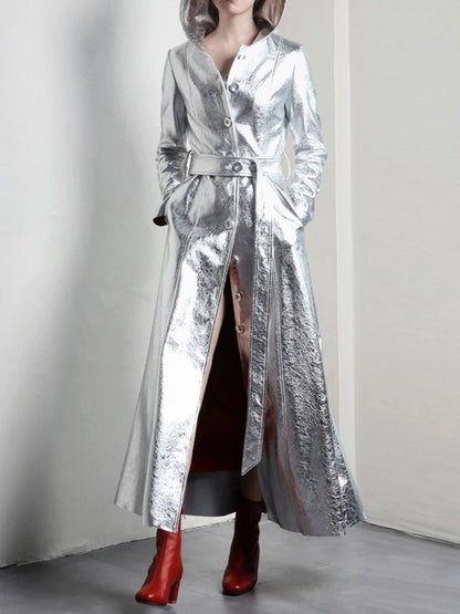 Lautaro Spring Autumn Extra Long Cool Silver Shiny Reflective Pu Leather Trench Coat for Women with Hood Luxury Runway Fashion