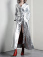 Lautaro Spring Autumn Extra Long Cool Silver Shiny Reflective Pu Leather Trench Coat for Women with Hood Luxury Runway Fashion