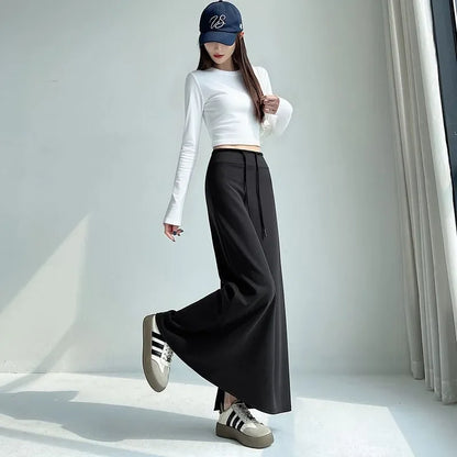 Women Spring Autumn Sports Maxi Skirt High Waist Drawstring A Line Straight Split Draped Casual Sweat Long Skirt