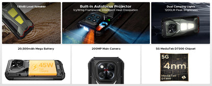 DOOGEE V Max Play 5G Projector Rugged Phone 6.78" Display 20500mAh Battery Dual Camping lights Dimensity 7300 NFC Smartphone