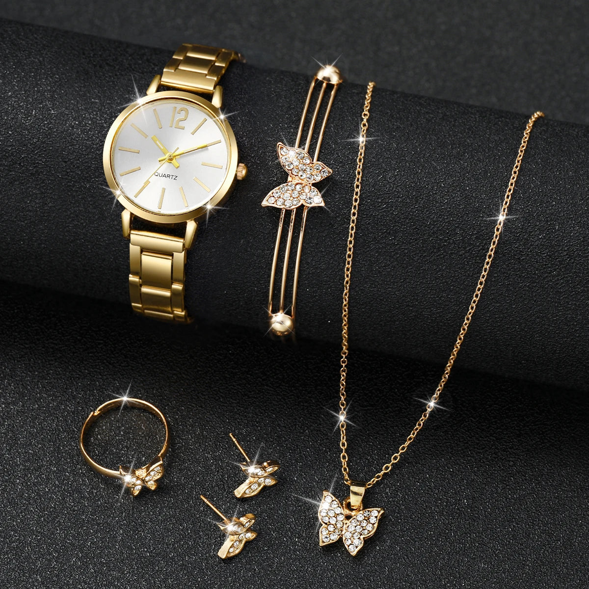6PCS/Set Fashion Women's Quartz Watch Stainless Steel Band Wrist Watches Diamond Jewelry Set(Without Box)