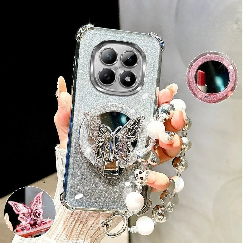 Glitter Butterfly Mirror Crystal Bracelet Case For Xiaomi Redmi Note 15 15C 14 14C 13 13C 12 11 Pro Plus 4G 5G Shockproof Cover