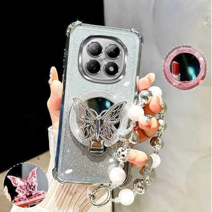Glitter Butterfly Mirror Crystal Bracelet Case For Xiaomi Redmi Note 15 15C 14 14C 13 13C 12 11 Pro Plus 4G 5G Shockproof Cover