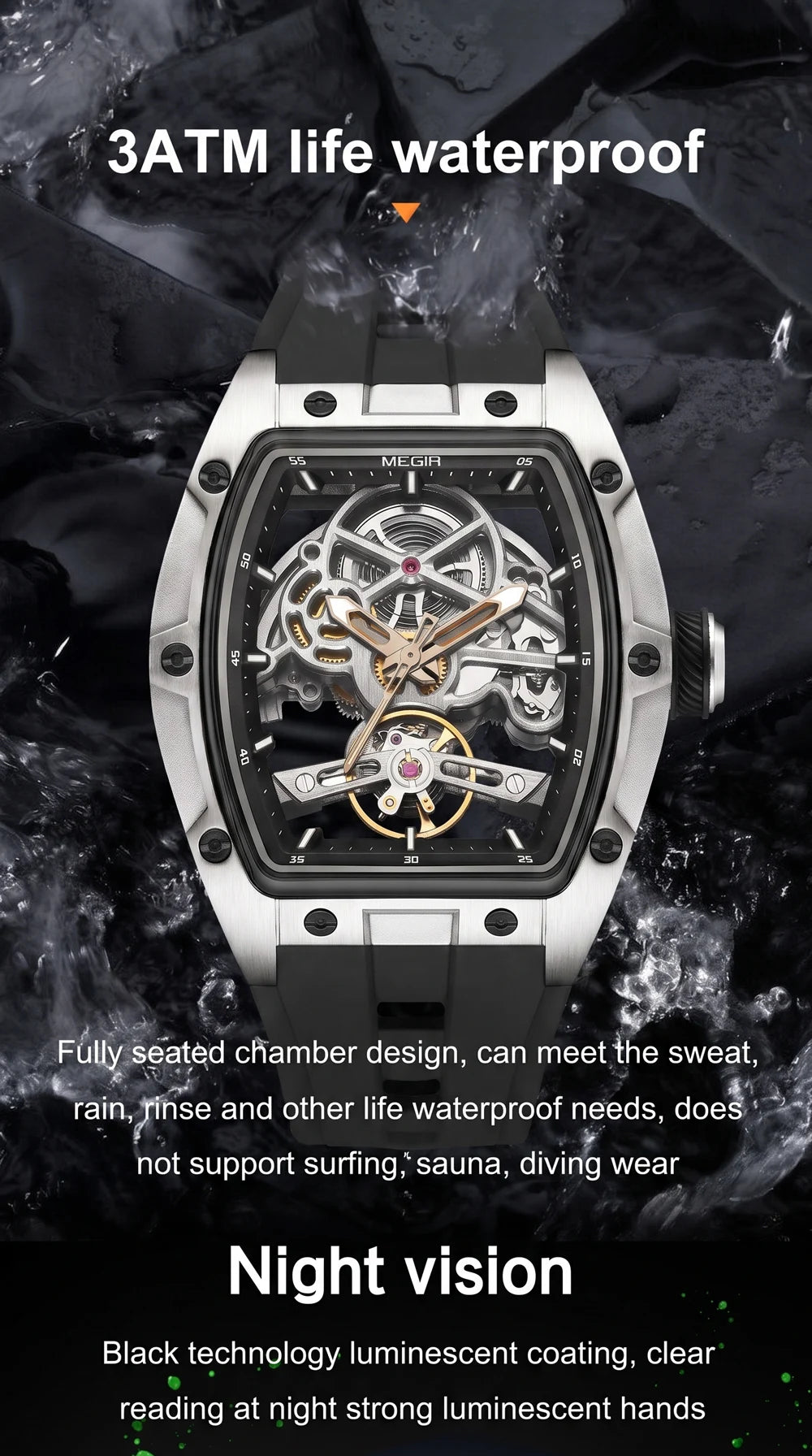 MEGIR Tonneau Skeleton Mechanical Watch Men Sport Wristwatch Silicone Strap Luxury Hollow Dial Male Automatic Mechanical Watches