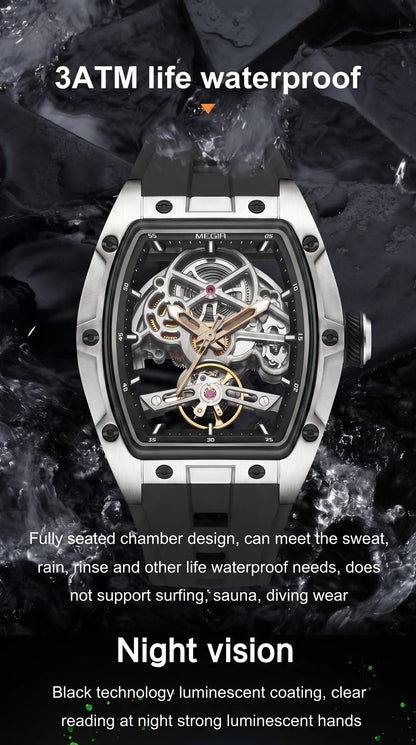 MEGIR Tonneau Skeleton Mechanical Watch Men Sport Wristwatch Silicone Strap Luxury Hollow Dial Male Automatic Mechanical Watches