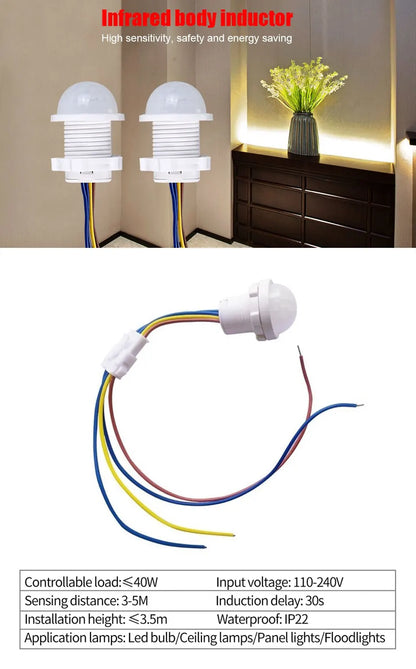 PIR Motion Sensor Detector Smart Switch Home Indoor Outdoor Infrared Light 110V 220V Time Delay Mode Adjust Lighting Switch