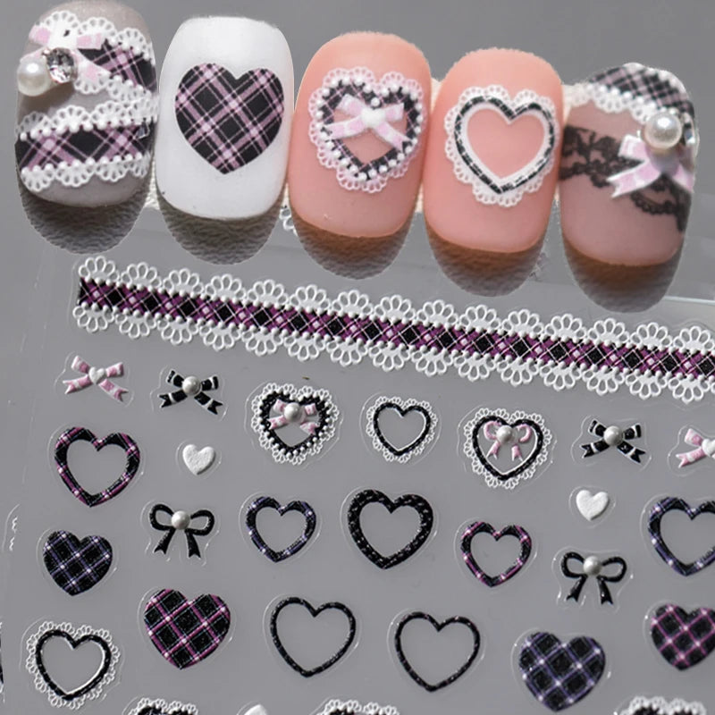 Japanese Bowknot Lace Heart Nail Stickers Self Adhesive Sweet Cool Pink Black Lace Nail Decals Cool Girls Manicure Decorations