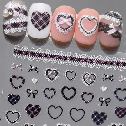Japanese Bowknot Lace Heart Nail Stickers Self Adhesive Sweet Cool Pink Black Lace Nail Decals Cool Girls Manicure Decorations