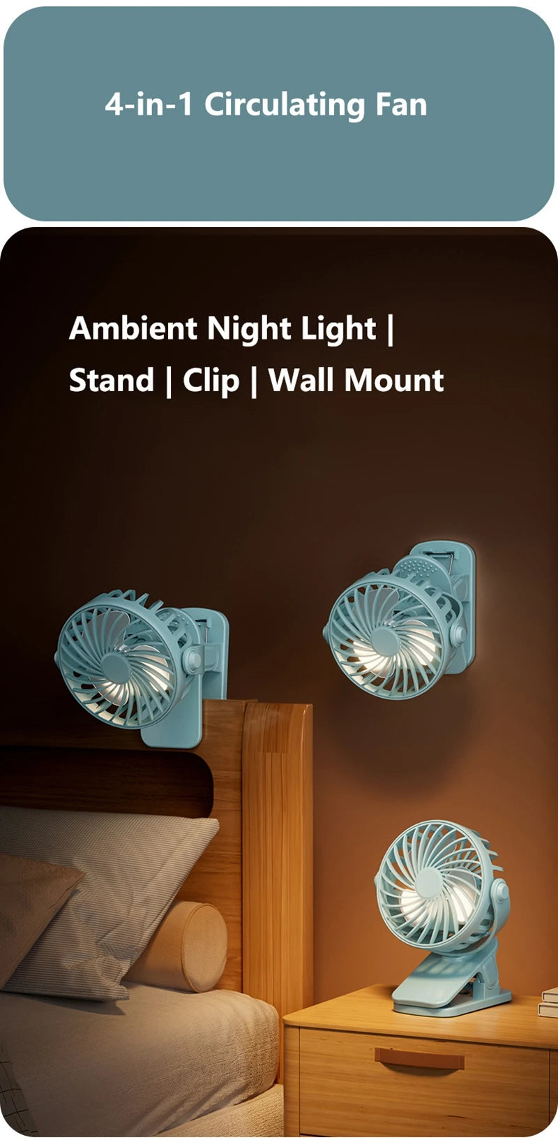 Mini Clip Fan 720°Rotation Built-in Night Lamp USB Rechargeable Powerful Airflow Portable Cooling Fan For Travel Camping Outdoor