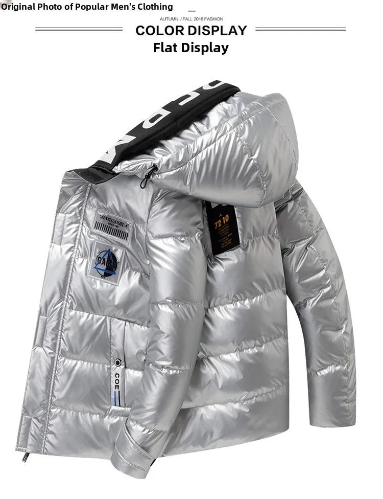 New Winter Men's down Jacket Thickened Short Bright Leather Fur Collar Warmth Anti-Cold Youth Short Stylish Polyester Fiber