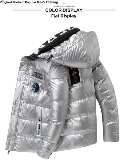 New Winter Men's down Jacket Thickened Short Bright Leather Fur Collar Warmth Anti-Cold Youth Short Stylish Polyester Fiber
