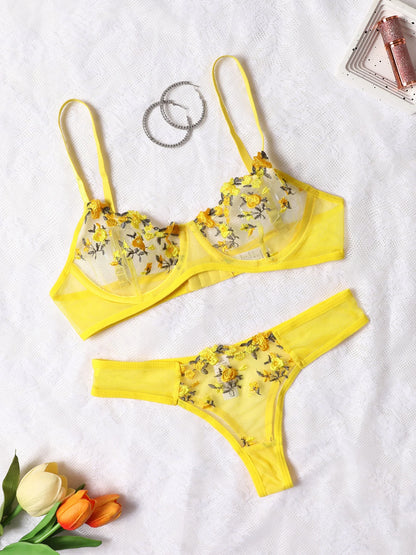 Women Sexy Lace Lingerie Push Up Lingerie Semi-Sheer Bra And Panty Sets Female Erotic Underwear Flower Embroidery Bralette Set