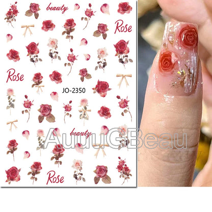 3d Nails Art Decals Spring Fruits Pink Full Tips Peony Magnolia Flowers Adhesive Sliders Stickers Decoration For Nails Manicure
