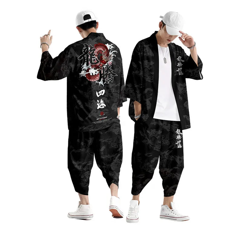 Large Size 5XL 6XL Japanese Kimono Cardigan Pants Set Print Fox Men Women Shirt Tradition Yukata Haori Obi Cosplay Costume