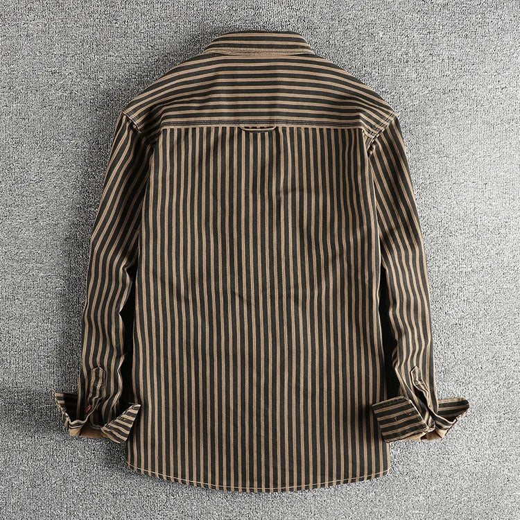 2025 Autumn And Winter New American Retro Stripe Long-Sleeve Lapel Shirt Men's Simple Fashion Washed Multi-pocket Casual Blouses