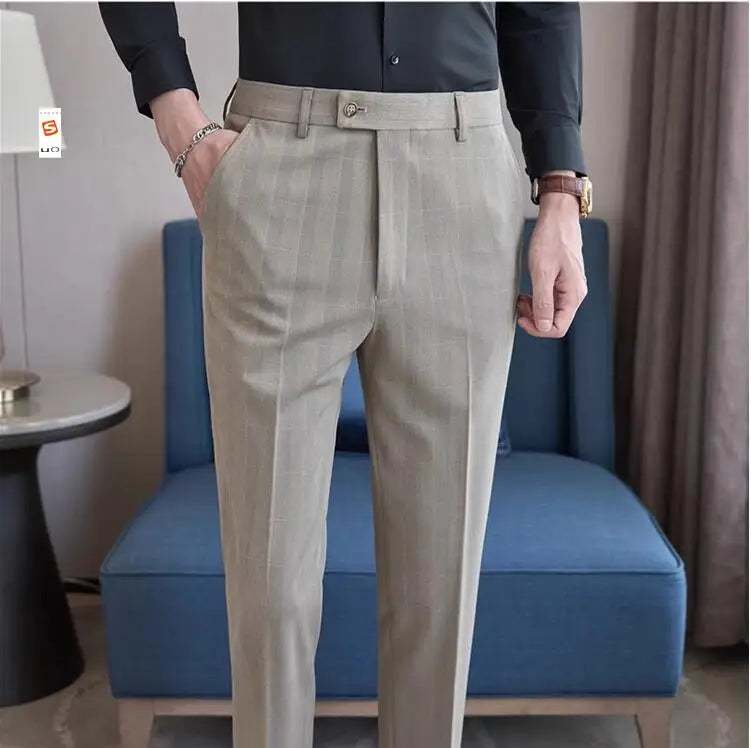 Men Plaid Wedding Dress Trousers High Quality Male Boutique Formal Wear Slim Suits Pants Men British Style Business Suit Pants
