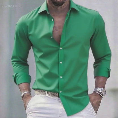 Solid Color Men's Casual White Shirt, Fashionable Casual Long Sleeve Stretch Fabric, Business Formal Shirt, Comfortable Fabric