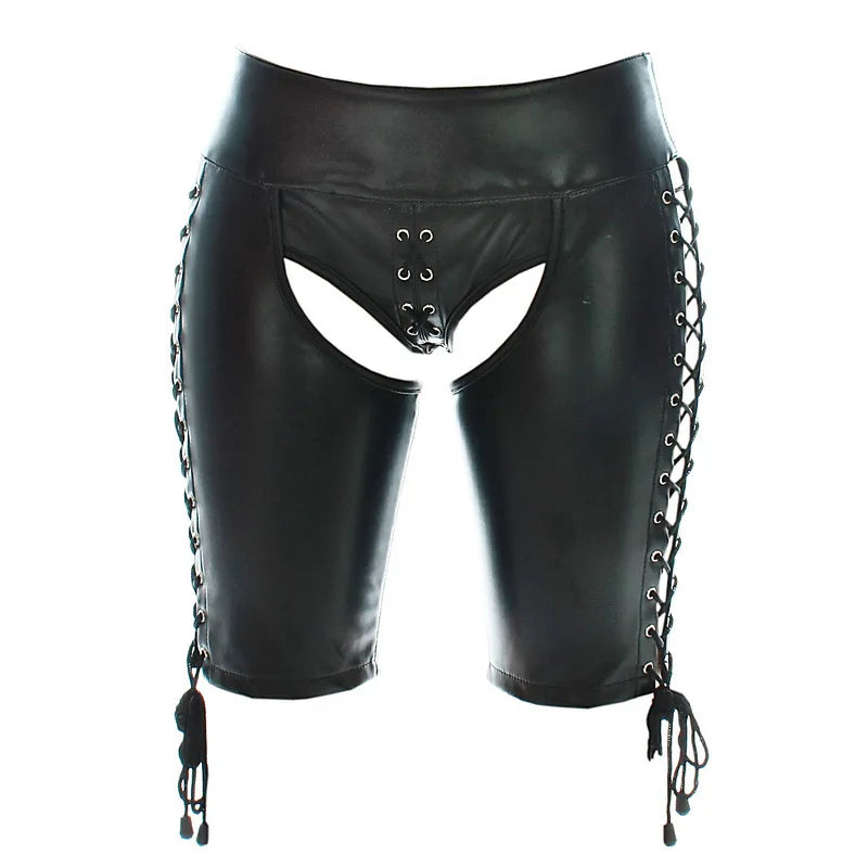 Men PU Leather Open Crotch Shorts Lace Up Adjustable Fetish Pants Buttless Underwear BDSM Lingerie Costume Adult Wear for Men