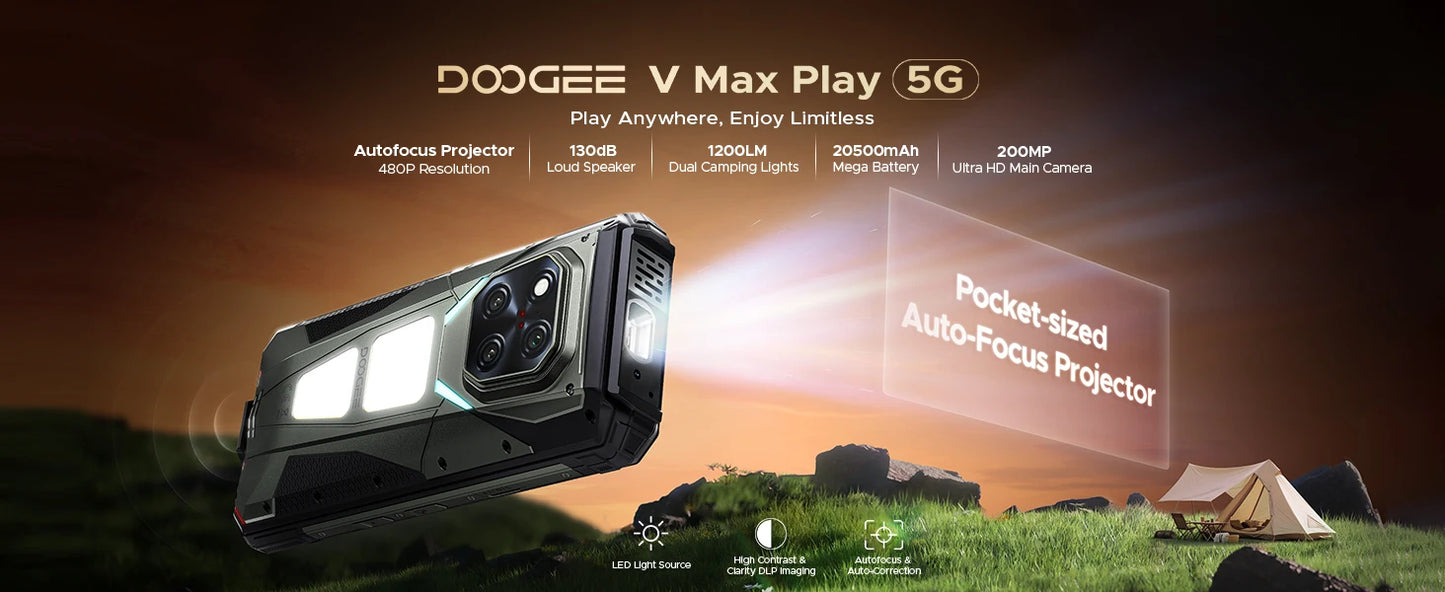 DOOGEE V Max Play 5G Projector Rugged Phone 6.78" Display 20500mAh Battery Dual Camping lights Dimensity 7300 NFC Smartphone
