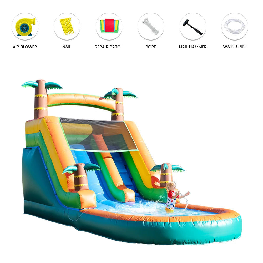 6.4m Commercial Inflatable Bounce House Tropical Water Slide Pool 950w Blower Children's playground, children's toys