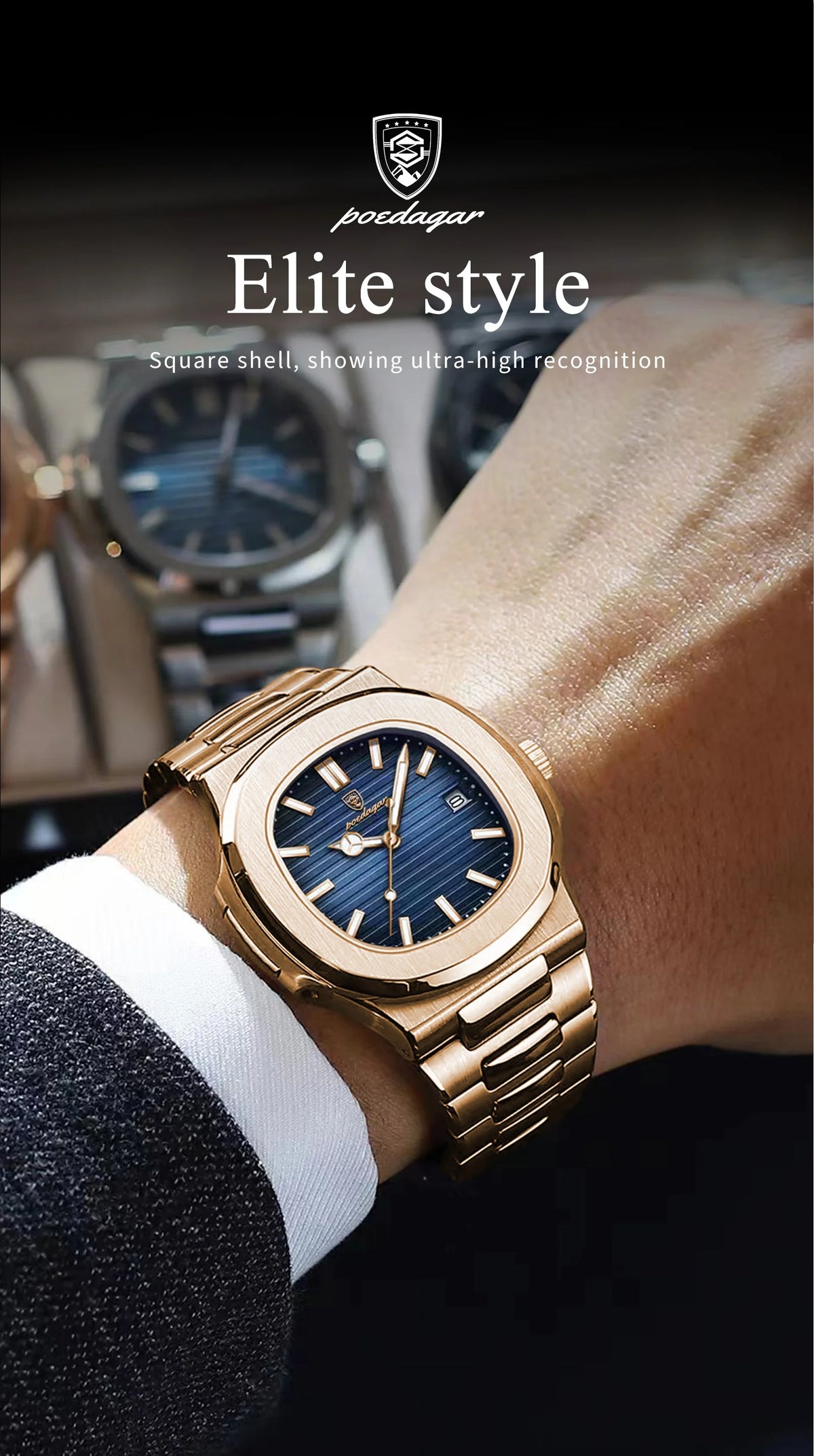 POEDAGAR Fashion Business Man Watch Waterproof Luminous Date Stainless Steel Men Quartz Watch Luxury Square Men's Watches Reloj