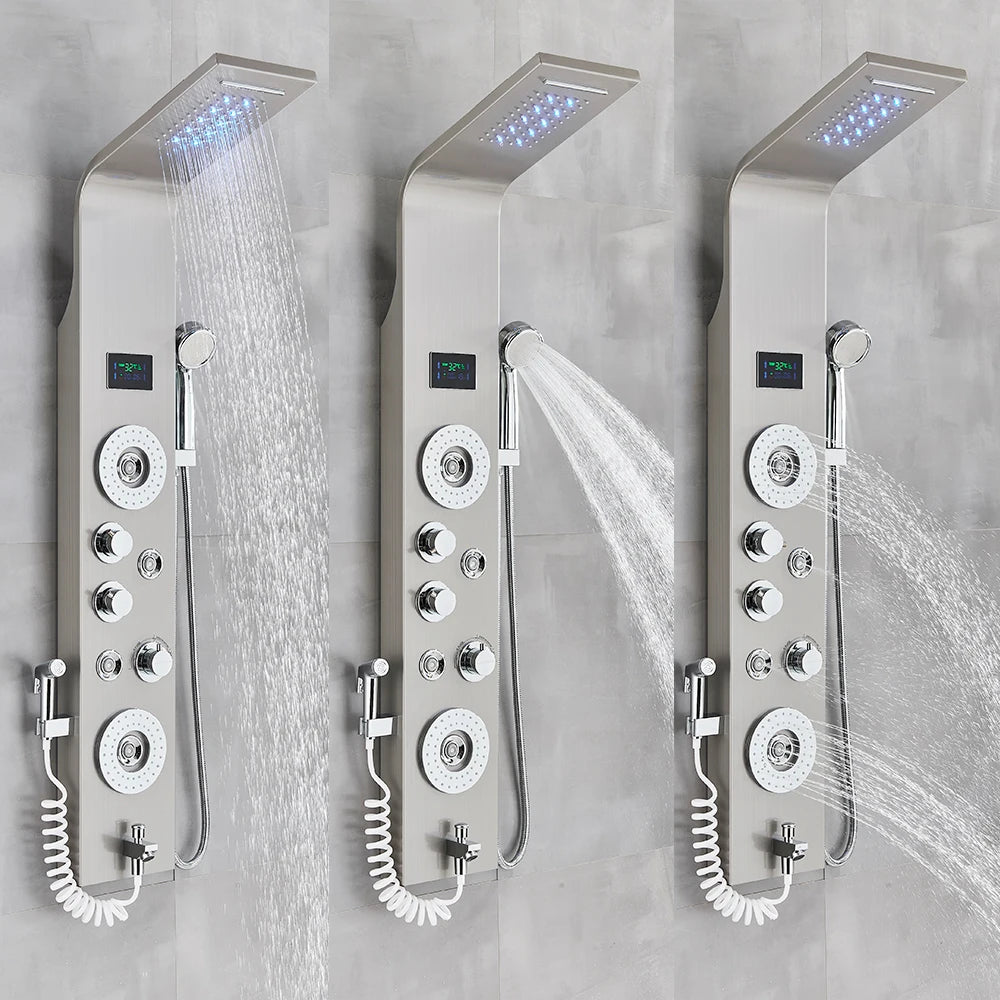 Black LED Light Shower Faucet Bathroom SPA Massage Jet Shower Column System Waterfall Rain Shower Panel Bidet Sprayer Tap