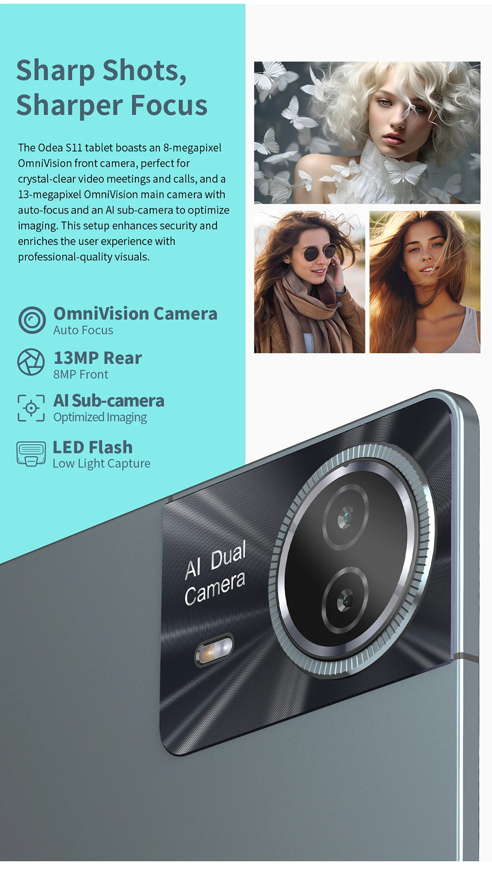 ODEA S11, 11 inches TDDI, 8000mAh, Android 14 Tablet, (6GB+10GB Expansion) 16GB RAM, 256GB ROM, 1920x1200 IPS, UNISOC T606, 8 cores, Mali-G57, 4G LTE, Wifi, GPS, SIM Slots*2+TF*1, Widevine L1 for Netflix