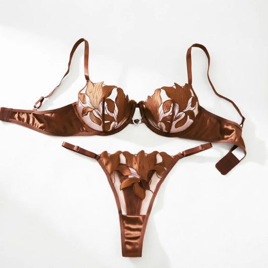 Coffee-Colored Embroidered Print Pajama Set - A Set Featuring A Floral Design Suitable for Women, A sexy Bra ZA824031