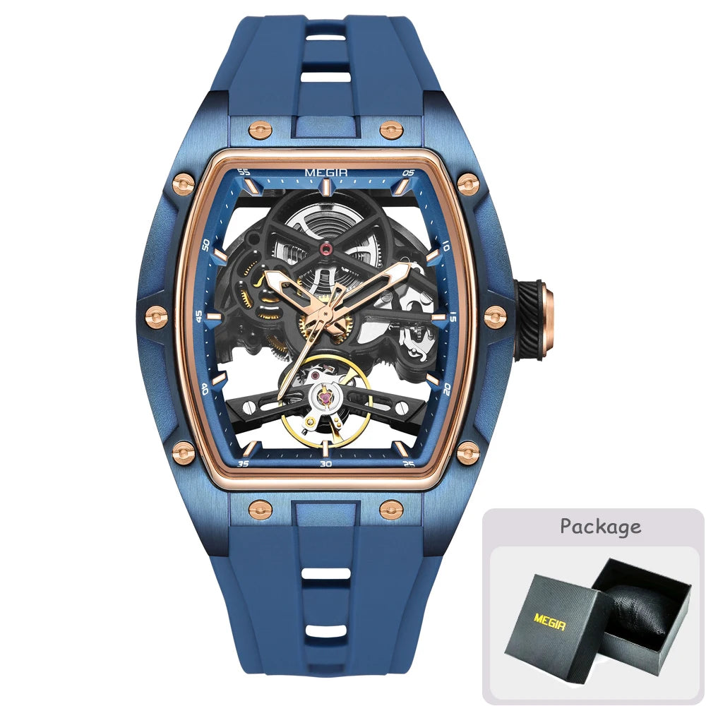 MEGIR Tonneau Skeleton Mechanical Watch Men Sport Wristwatch Silicone Strap Luxury Hollow Dial Male Automatic Mechanical Watches