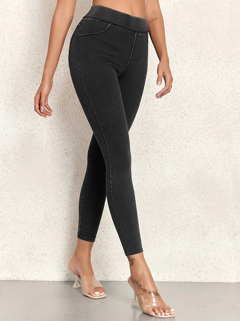 2025 New Fitness Imitation Jeans leggings Women High Waist Elastic Butt Lift Pocket Yoga Casual Leggings Slim Skinny Jeggings