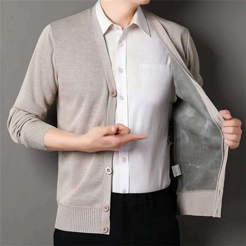 Autumn Winter Men's Casual Knit Cardigan Solid Color Slim Fit Fashion V-Neck Knitted Sweatercoat Men Fleece Warm Sweater Jackets