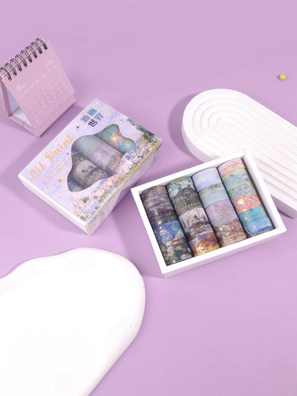 24 Rolls/Box Oil Painting Theme Washi Tape Set, Gilded Style Design Decorative Handmade DIY Decoration Materials Tape