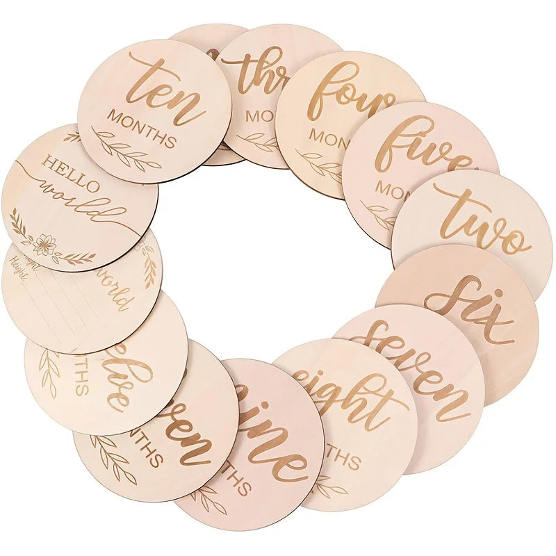 Wooden Baby Monthly Milestone Photo Cards, Double Sided Photo Prop Milestone Discs, Baby And Pregnancy Growth Announcement Cards