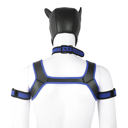 Large Size Puppy Cosplay Neoprene Fetish Hood Mask Kit with Chest Strap Collar Armband Sex Costumes for Bdsm Slave Role Play