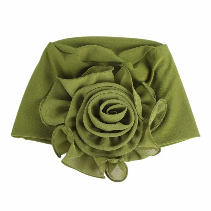 Fashion Women Big Flower Turban Hat Solid Color Elastic Cloth Head Cap Muslim Head Wraps Caps Lady Bandana Hair Accessories
