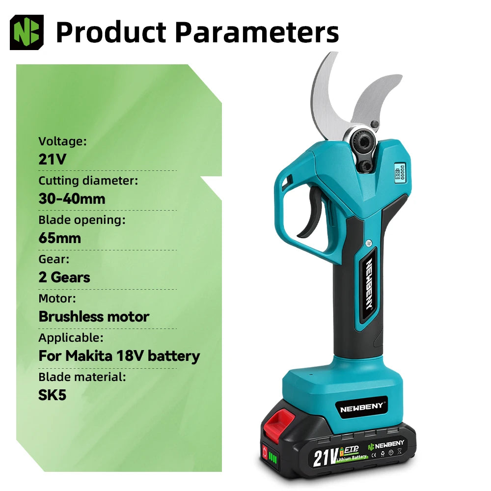 NEWBENY 65MM 2 Gears Brushless Electric Scissors Cordless Pruning Shears Fruit Tree Branch Power Tools For Makita Battery Pin