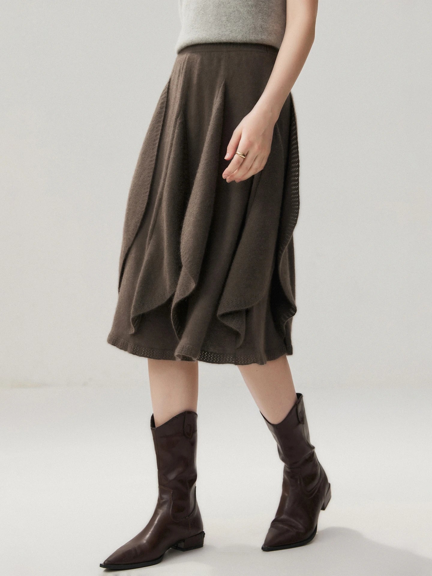 French 100% Pure Cashmere Skirt Ruffle Irregular A-line Soild Midi Sirt Autumn Winter Women Elegant Pleated  Knit Dress Fashion