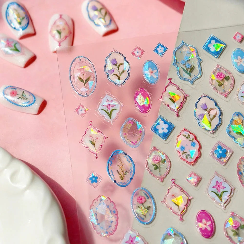 Luxury 5D Floral Nail Art Stickers Gold Silver Chinese Style Metal Frame Shiny Crystal Rhinestone Self Adhesive Manicure Decal