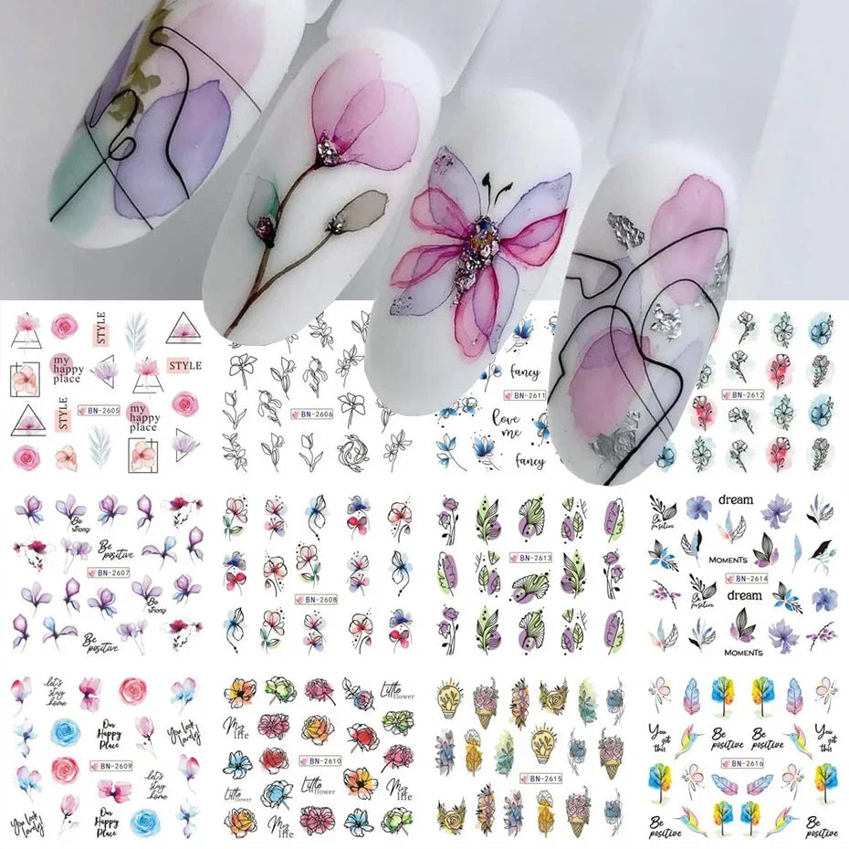 12Spring and Summer Water Transfer Ink Floral Nail Sticker Set Contains Blooming Flowers and Green Leaves Graffiti Slider Nail