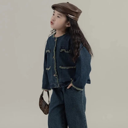Girls' Denim Set Washed Tassel Vintage Coat+ Loose Pants 2023 Spring And Autumn New Fashion Kids Outfit Casual Clothing Set
