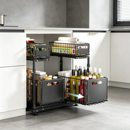 2 Tier Pull Out Cabinet Organizer Adjustable Under Sink Storage Rack Slide Out Drawer Kitchen Spice Jar Storage Shelf