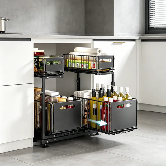 2 Tier Pull Out Cabinet Organizer Adjustable Under Sink Storage Rack Slide Out Drawer Kitchen Spice Jar Storage Shelf