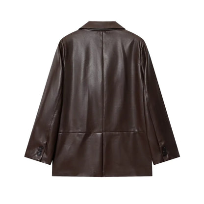 Women's Fashion Faux Leather Blazer Coat Loose Fit Old Money Style Long Sleeve Front Button Chic Outerwear Top