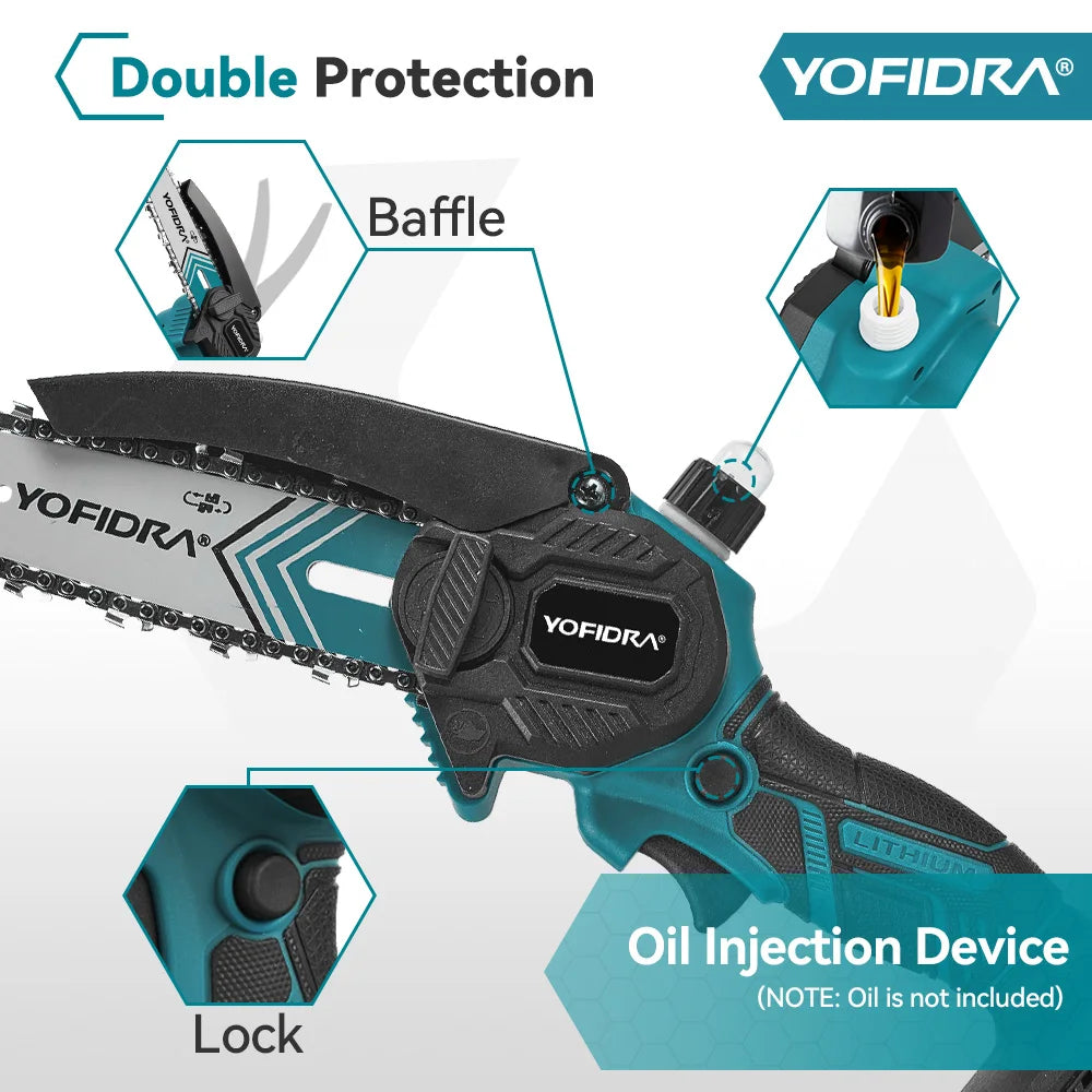 YOFIDRA 6 Inch Electric Chainsaw Cordless Oiler Garden Wood Cutting Logging Pruning Saw Power Tool For Makita 21V Battery Pin