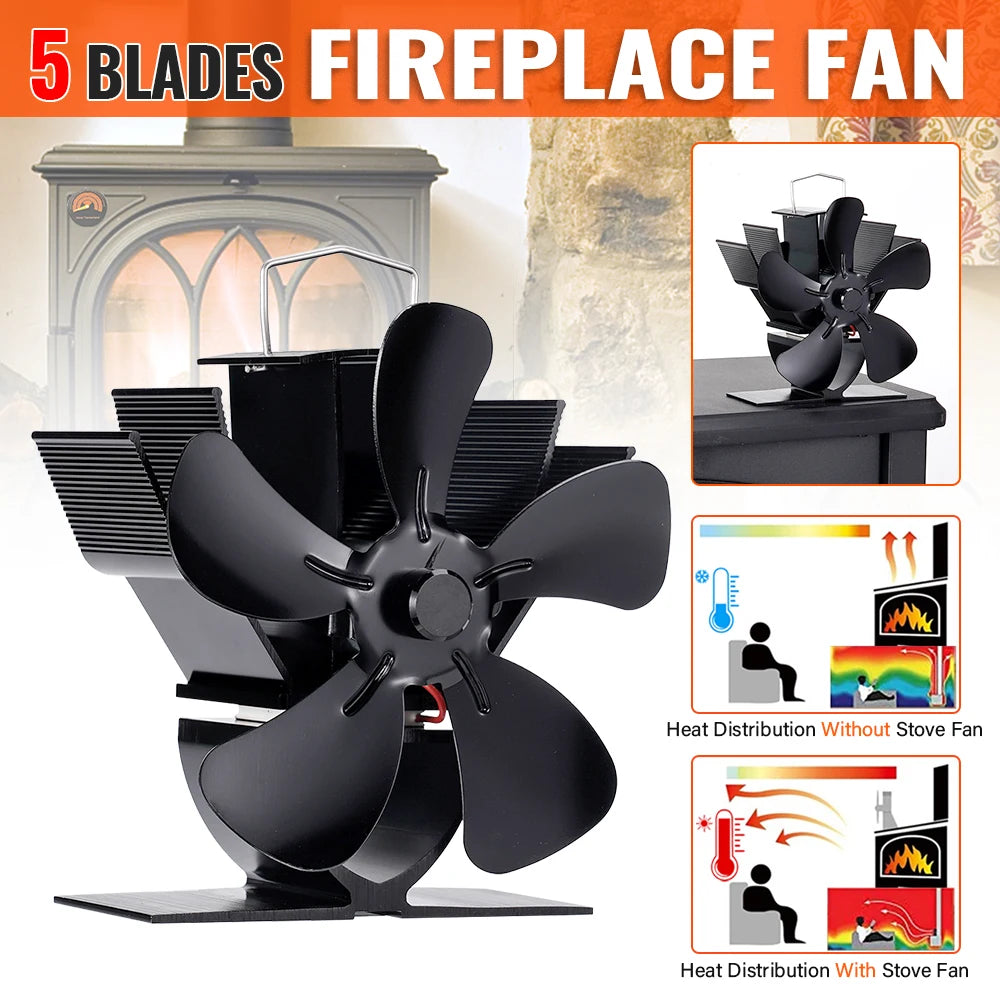 Mini Stove Fan Heat Powered Fireplace Fan Log Wood Burner Eco-fan Quiet 5 Blade Fireplace Fan Home Winter Warm Heat Distribution