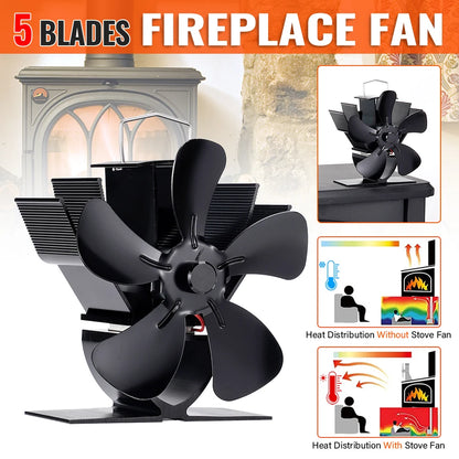 Mini Stove Fan Heat Powered Fireplace Fan Log Wood Burner Eco-fan Quiet 5 Blade Fireplace Fan Home Winter Warm Heat Distribution