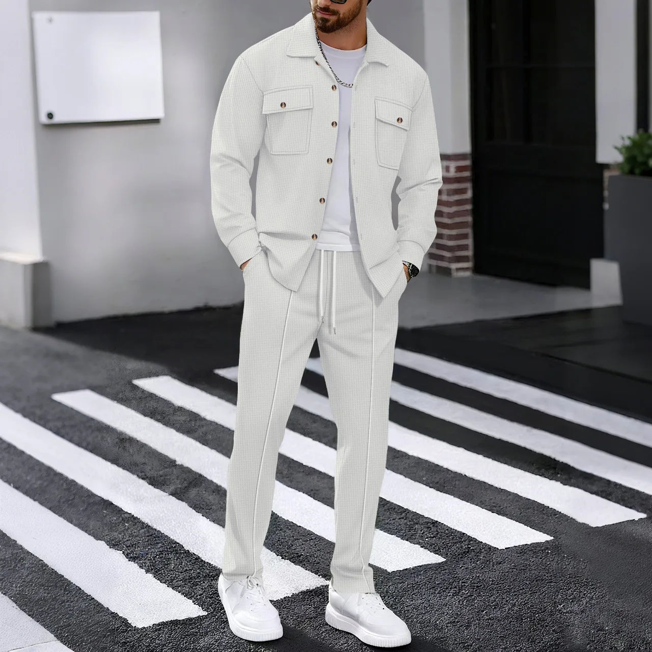New Men's Solidcolor Waffle Longsleeved Pants Set High Quality Fashionable Comfortable With Double Pockets Workwear Style Cardig
